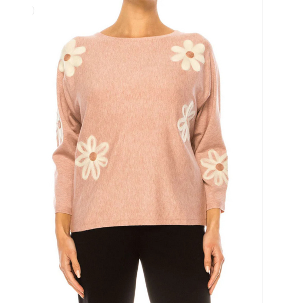 Aaeda Women’s 3XL Pink Pullover Sweater Long Sleeve Flower Motif Knit Soft Cozy